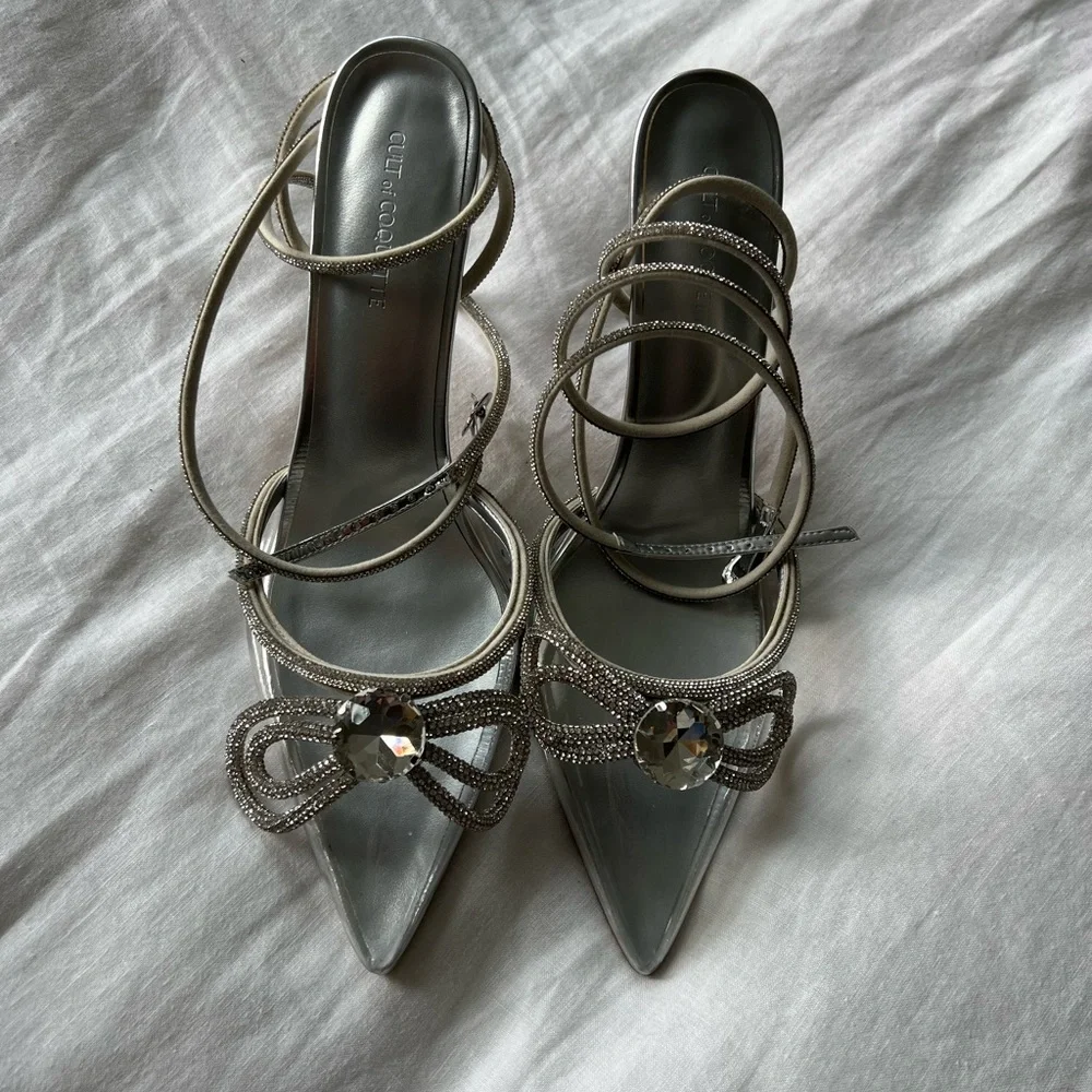 Brand new Ella Double Bow Clear Glass Slippers with Crystal Ankle Tie - Picture 5 of 9